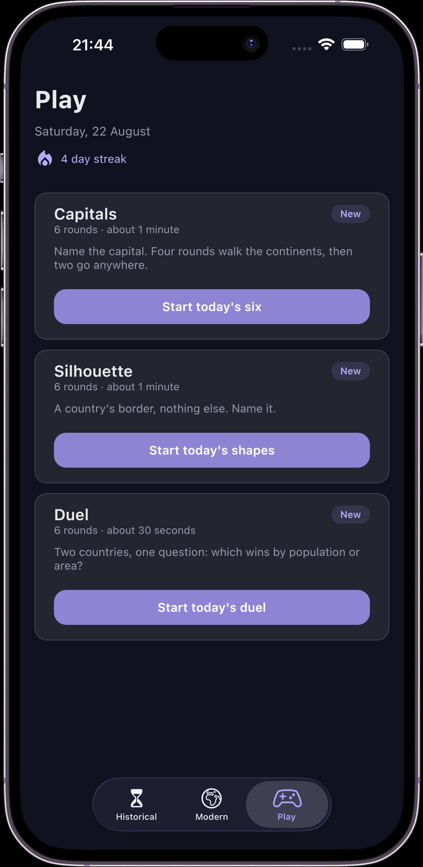 The Play tab showing the daily Silhouette and Duel games with a four day streak