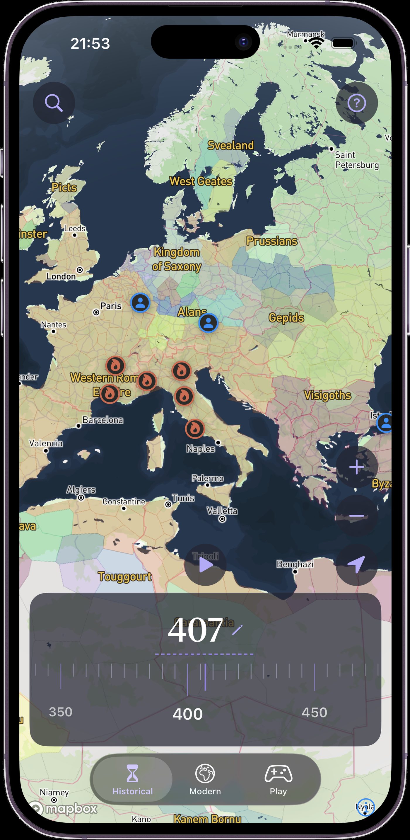 Historical borders across Europe in 1879, with the year control at the bottom of the screen