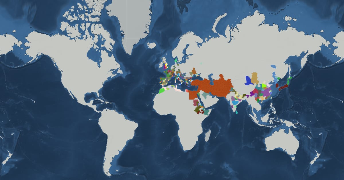 Historical map of the world in 400 BC showing the borders of states and empires