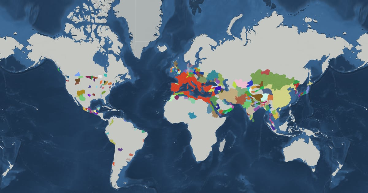 Historical map of the world in AD 1 showing the borders of states and empires