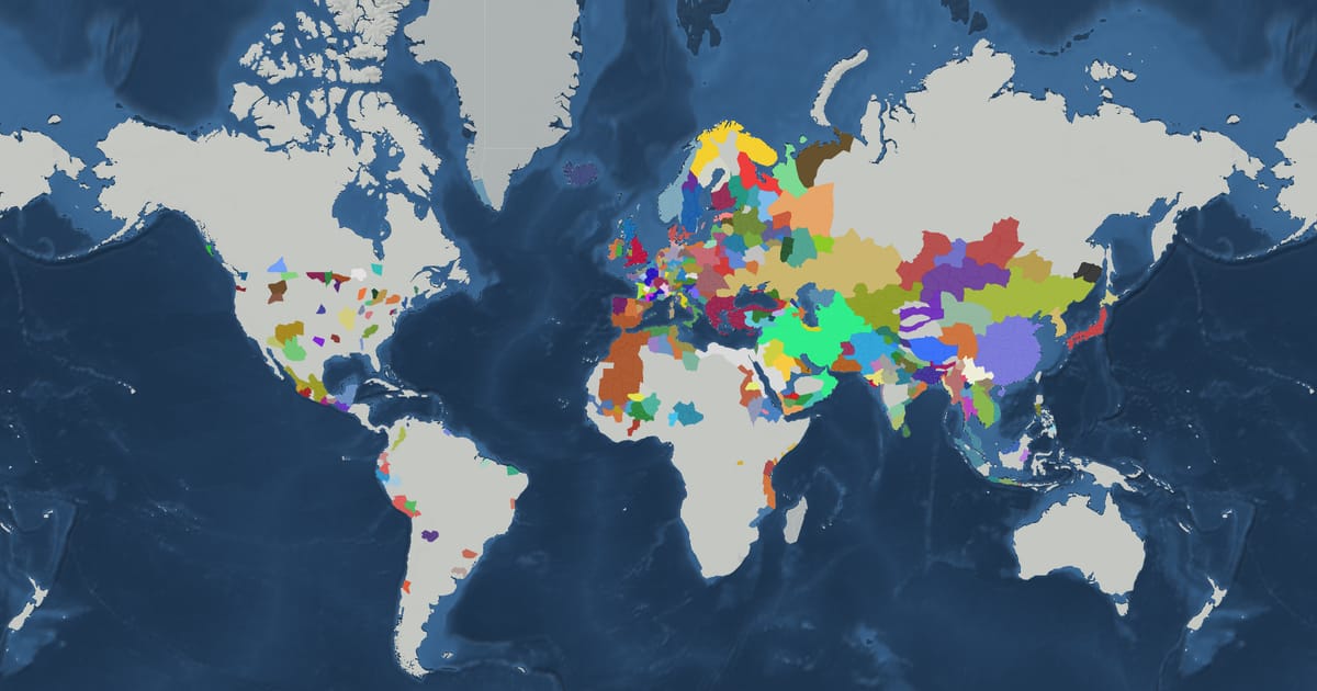 Historical map of the world in 1100 showing the borders of states and empires
