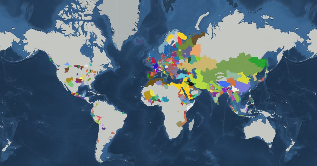 Historical map of the world in 1227 showing the borders of states and empires