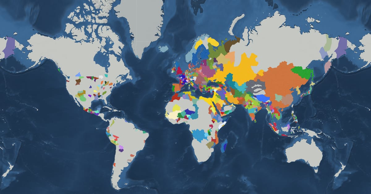 Historical map of the world in 1368 showing the borders of states and empires