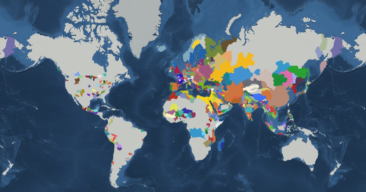 Historical map of the world in 1405 showing the borders of states and empires