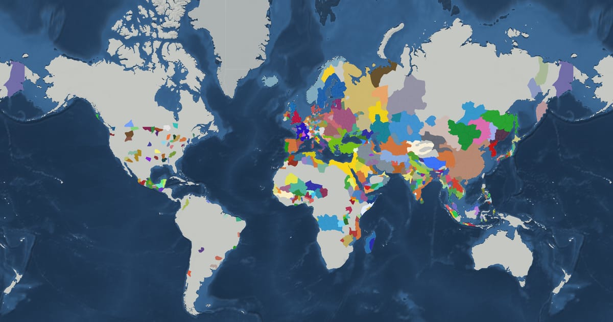 Historical map of the world in 1492 showing the borders of states and empires