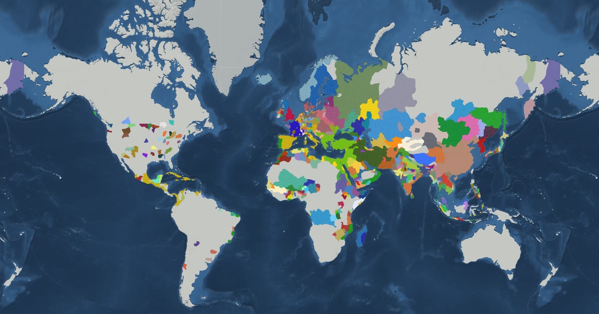Historical map of the world in 1526 showing the borders of states and empires