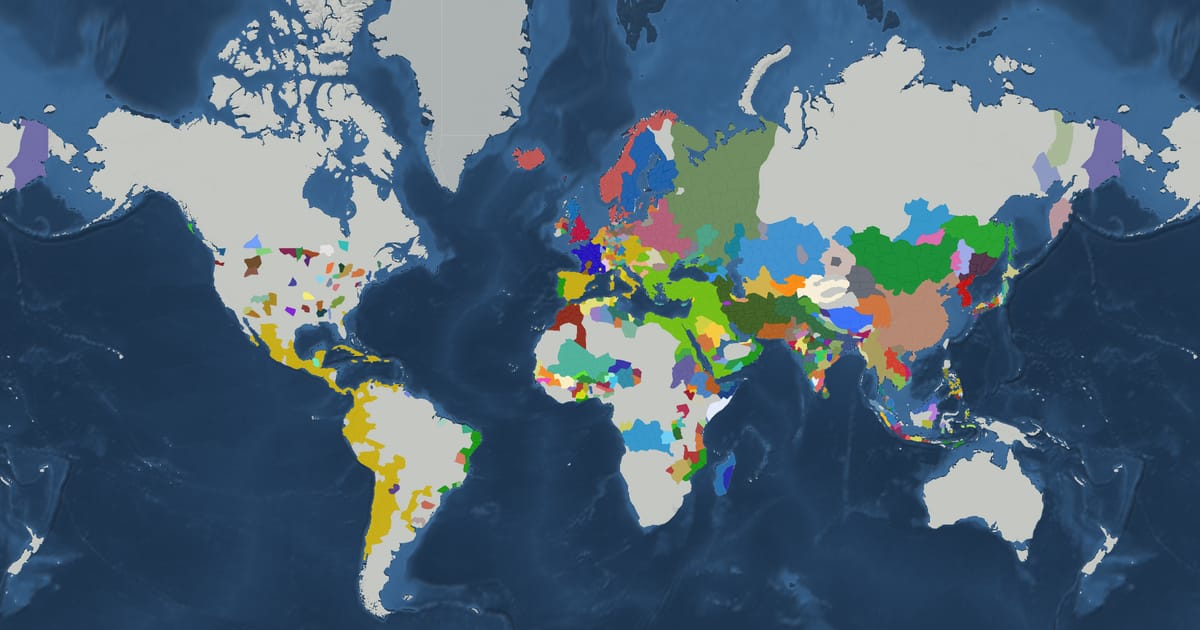 Historical map of the world in 1570 showing the borders of states and empires