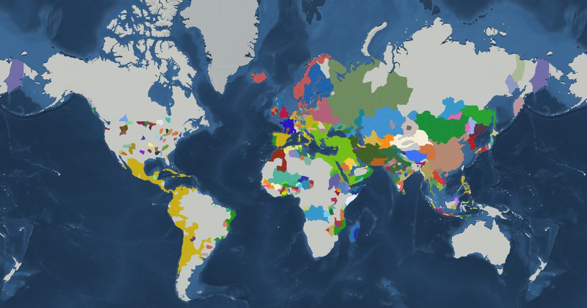 Historical map of the world in 1590 showing the borders of states and empires