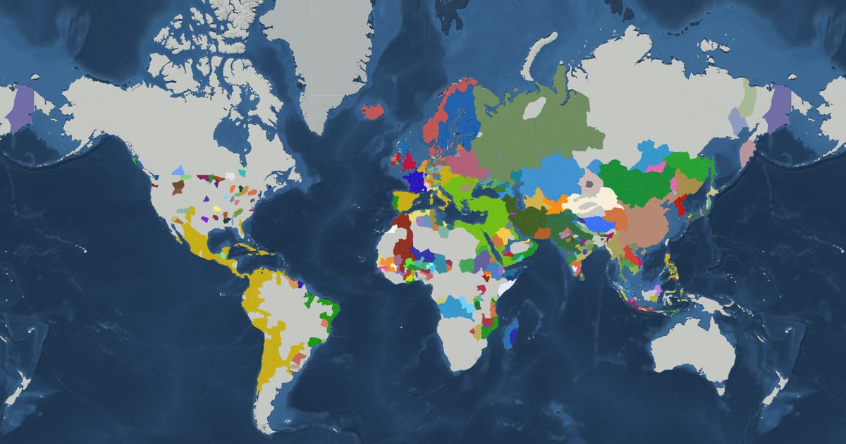 Historical map of the world in 1618 showing the borders of states and empires