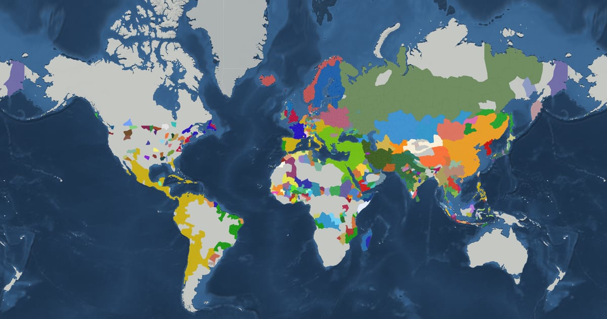Historical map of the world in 1648 showing the borders of states and empires