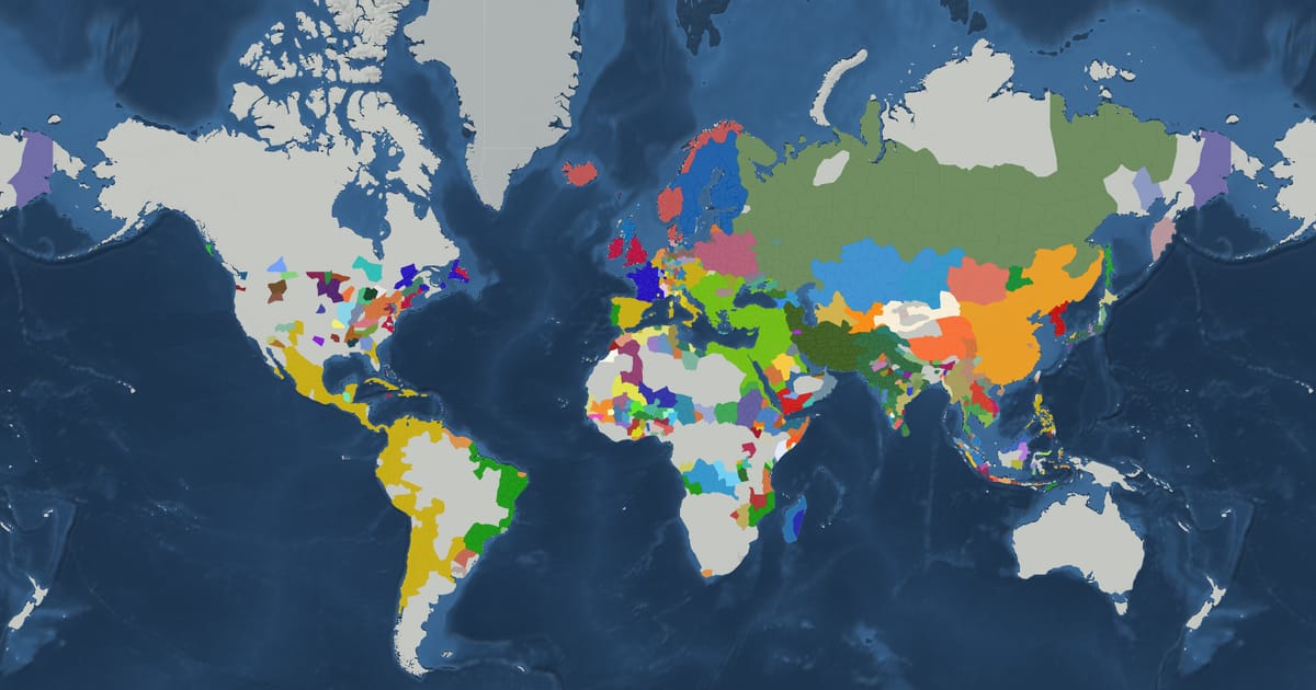 Historical map of the world in 1660 showing the borders of states and empires