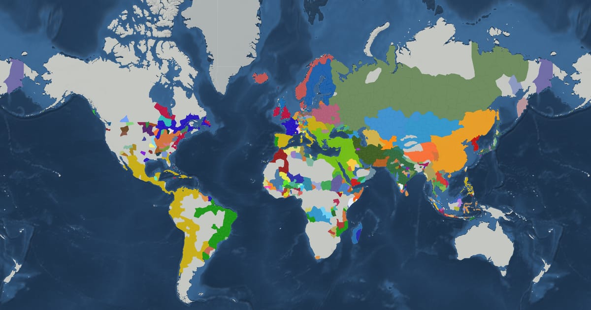 Historical map of the world in 1690 showing the borders of states and empires