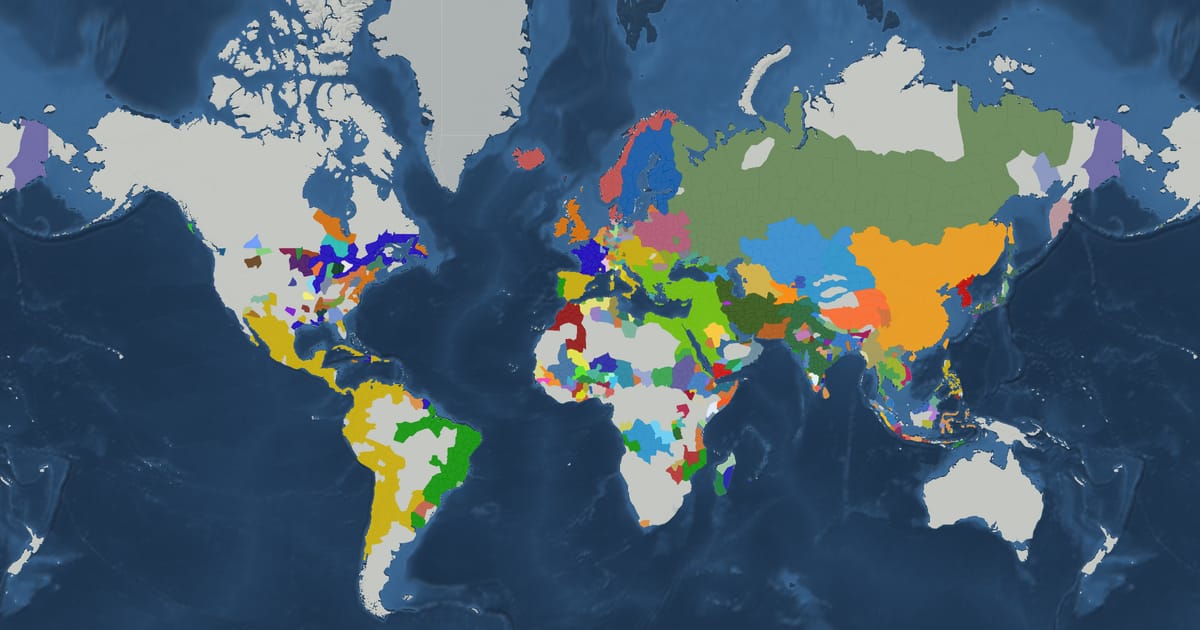 Historical map of the world in 1710 showing the borders of states and empires