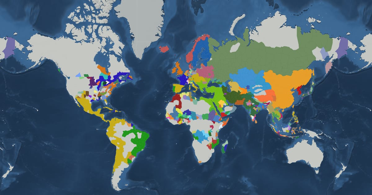 Historical map of the world in 1713 showing the borders of states and empires