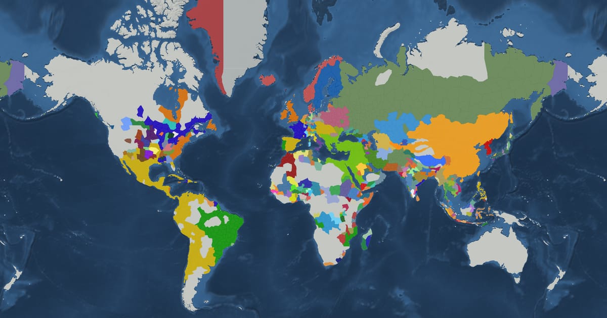 Historical map of the world in 1763 showing the borders of states and empires