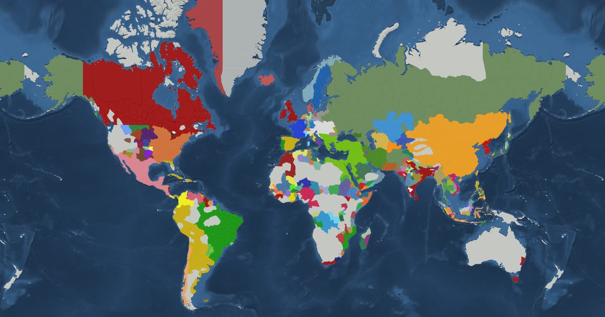 Historical map of the world in 1815 showing the borders of states and empires