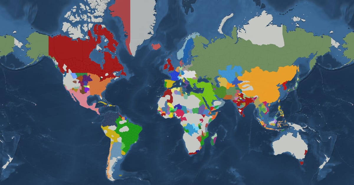 Historical map of the world in 1820 showing the borders of states and empires