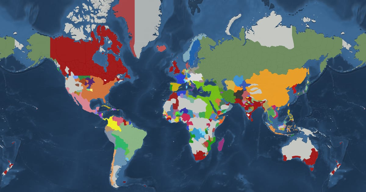 Historical map of the world in 1848 showing the borders of states and empires