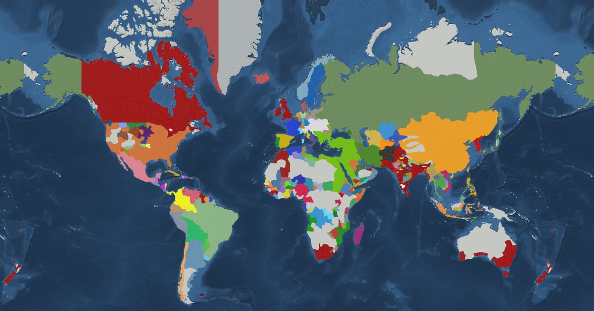 Historical map of the world in 1850 showing the borders of states and empires