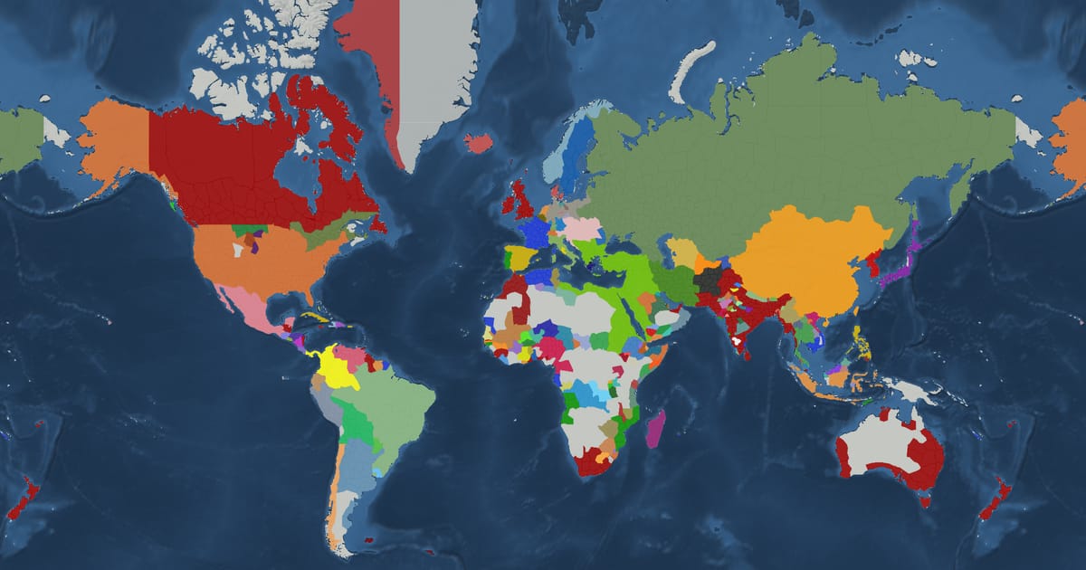 Historical map of the world in 1870 showing the borders of states and empires