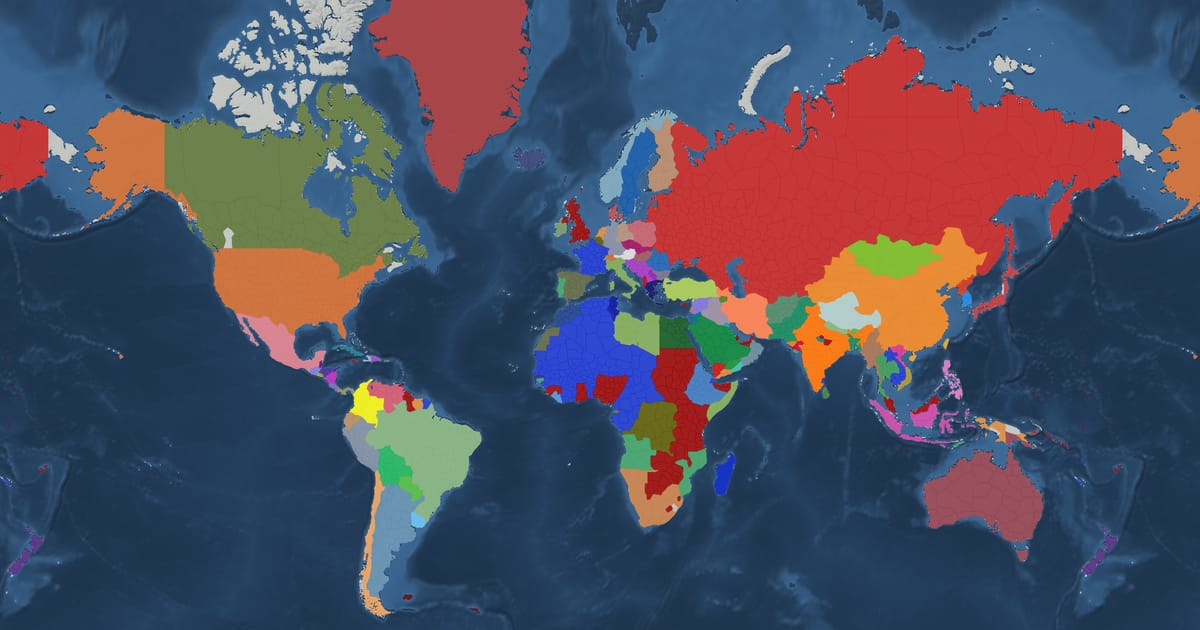 Historical map of the world in 1950 showing the borders of states and empires