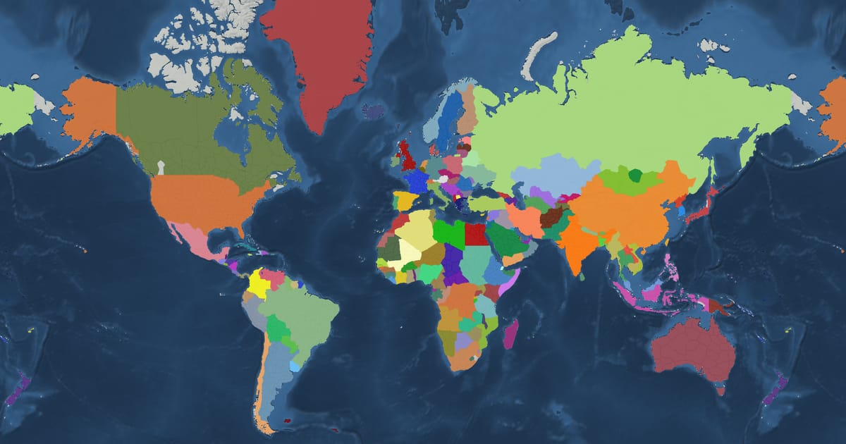 Historical map of the world in 1991 showing the borders of states and empires