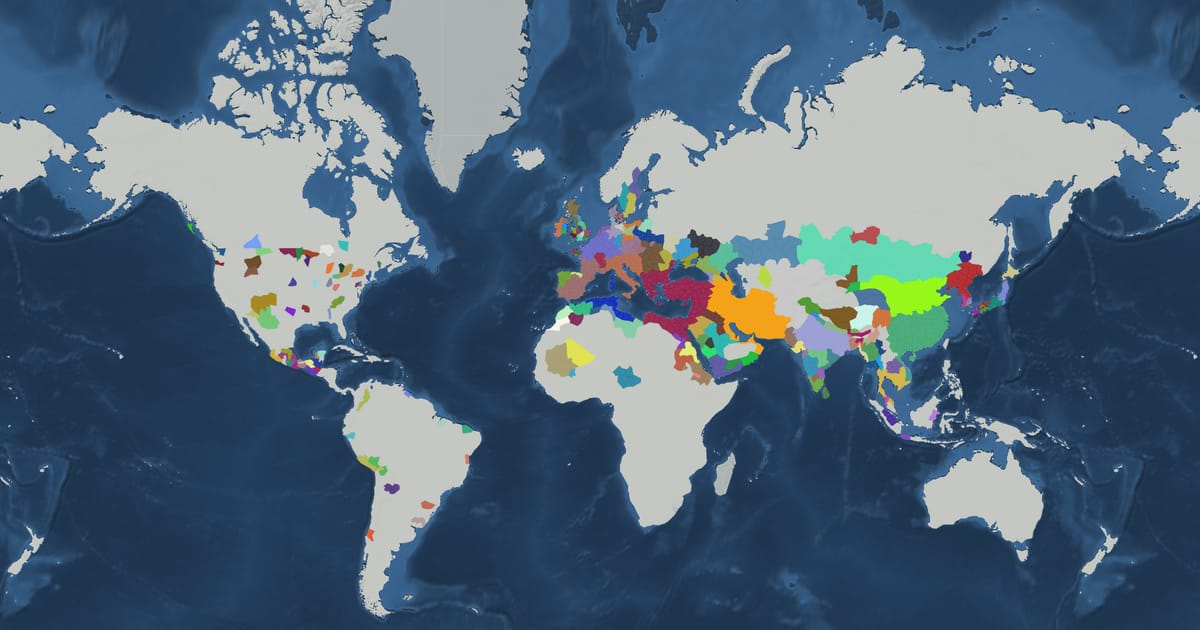 Historical map of the world in AD 500 showing the borders of states and empires