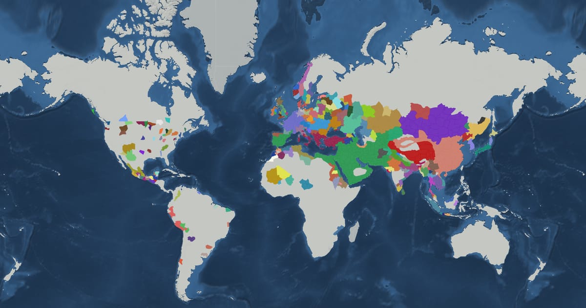 Historical map of the world in AD 750 showing the borders of states and empires
