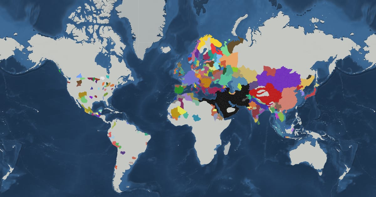 Historical map of the world in AD 814 showing the borders of states and empires